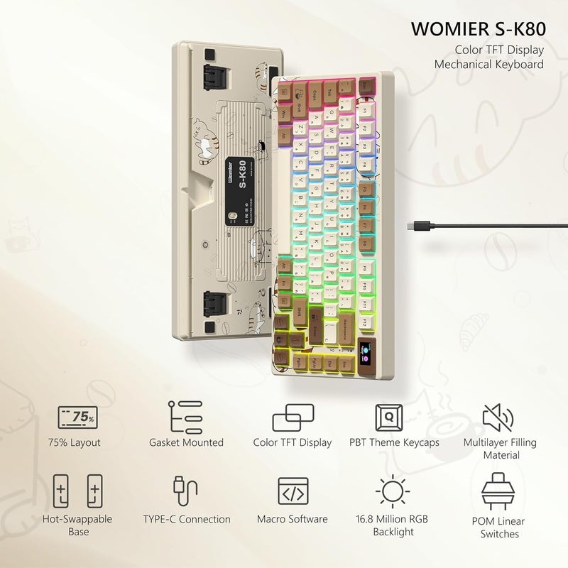 Womier لوحة مفاتيح SK80 ريترو 75% مع شاشة وسائط متعددة ملونة، لوحة مفاتيح ميكانيكية للألعاب، قابلة للتبديل الساخن، مثبتة على حشوة، RGB، لوحة مفاتيح مخصصة، مثبتة مسبقًا، مناسبة لنظام ماك/وين، قطة القهوة - Image 2